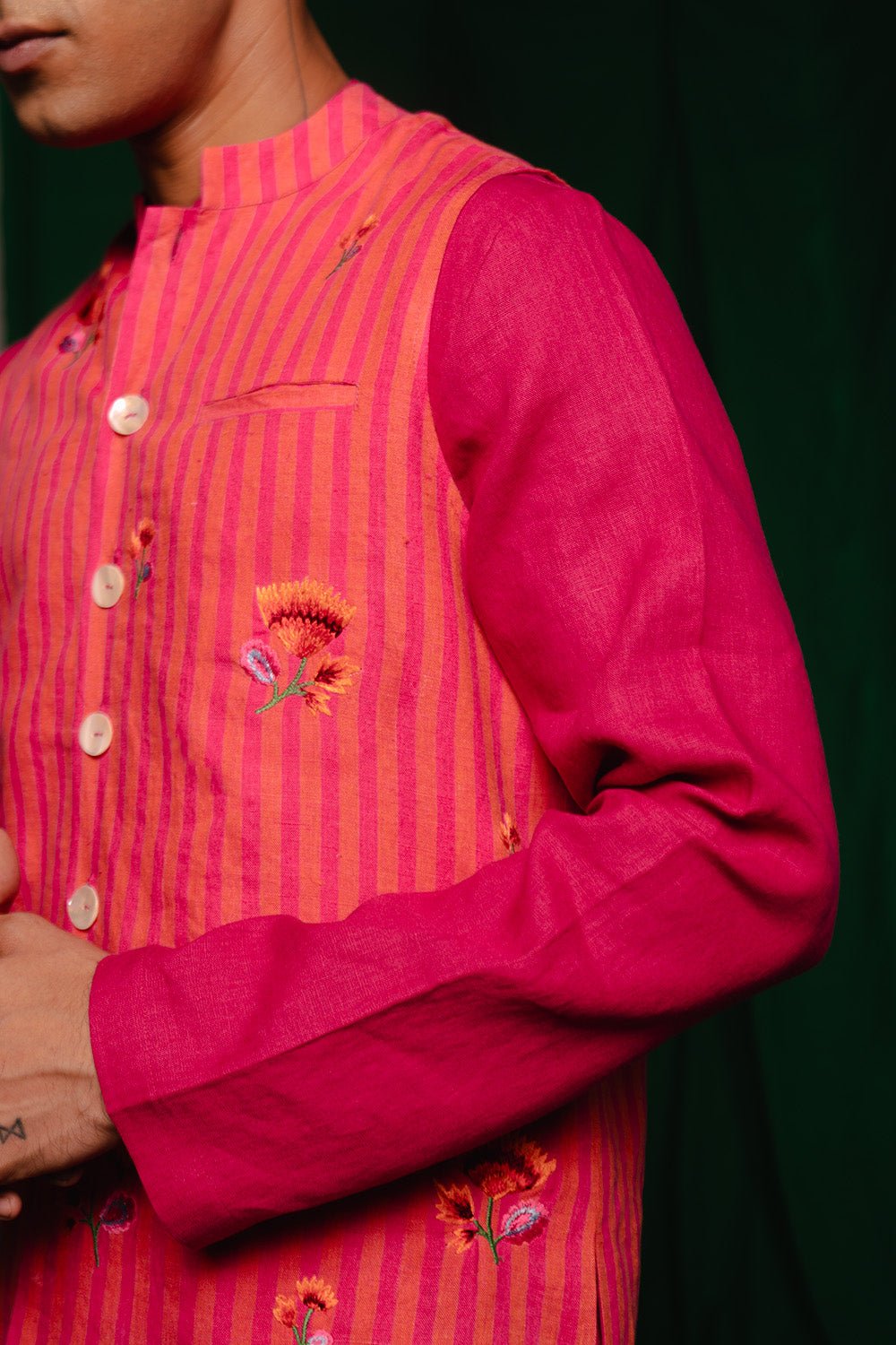 Coral Linen Nehru Jacket - CiceroniJacketsSaphed