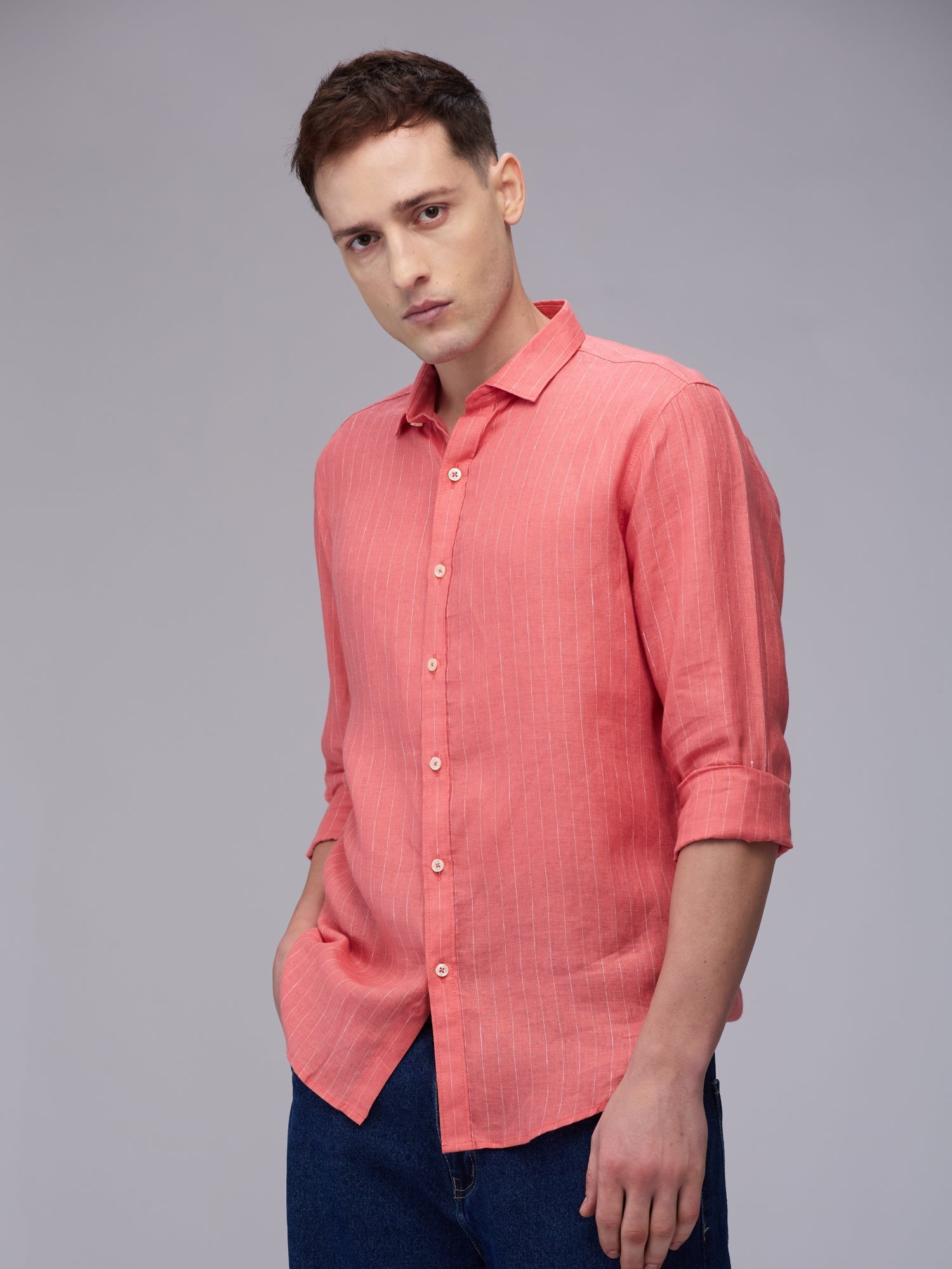 Coral Red 100% Linen Stripes Shirt - CiceroniMen Shirtsbhrāta