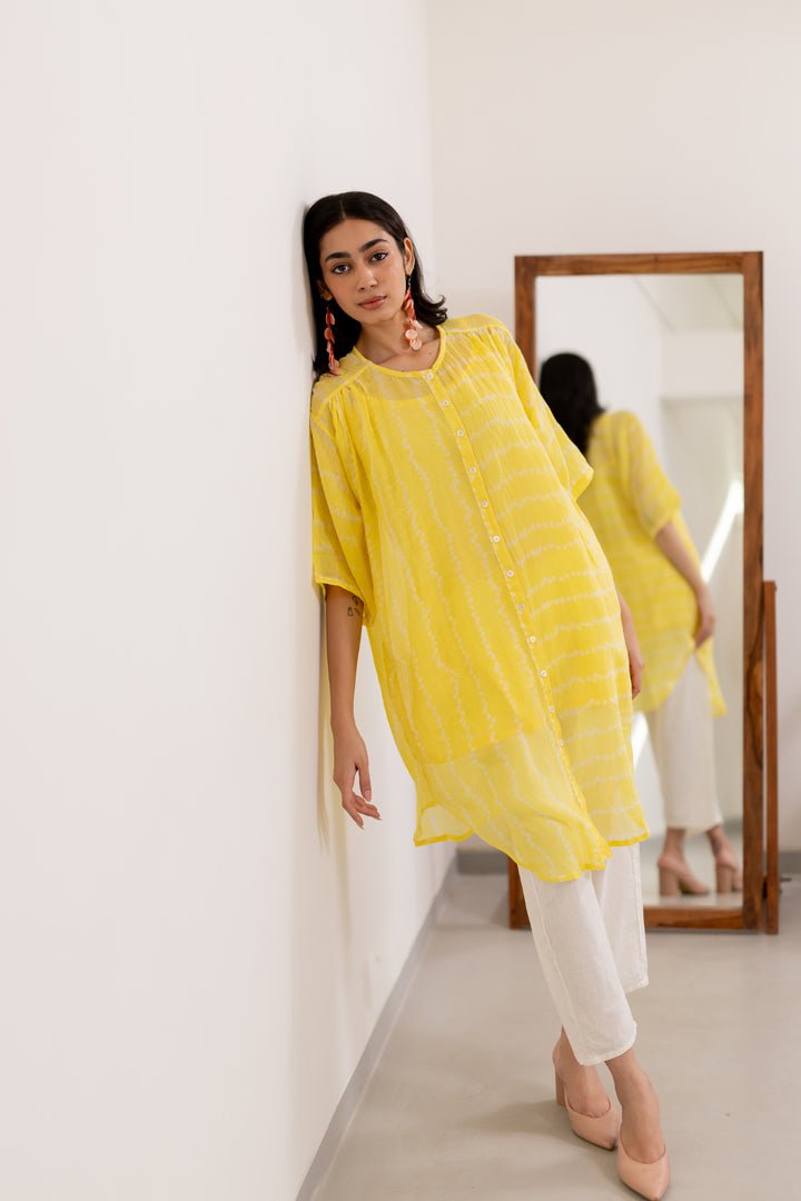 Corn Yellow Bandhej Tunic with White Pants - CiceroniKurta Set, Everyday WearSilai Studio