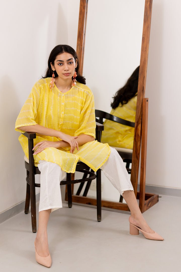 Corn Yellow Bandhej Tunic with White Pants - CiceroniKurta Set, Everyday WearSilai Studio