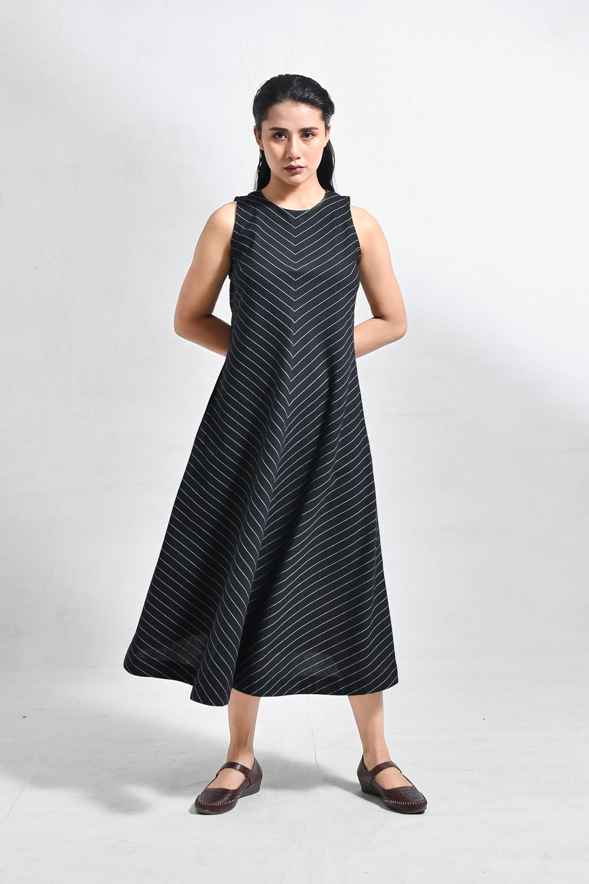 Cotton Striped Sleeveless A - line Dress with Back Patch - Black - CiceroniDressesHiranya