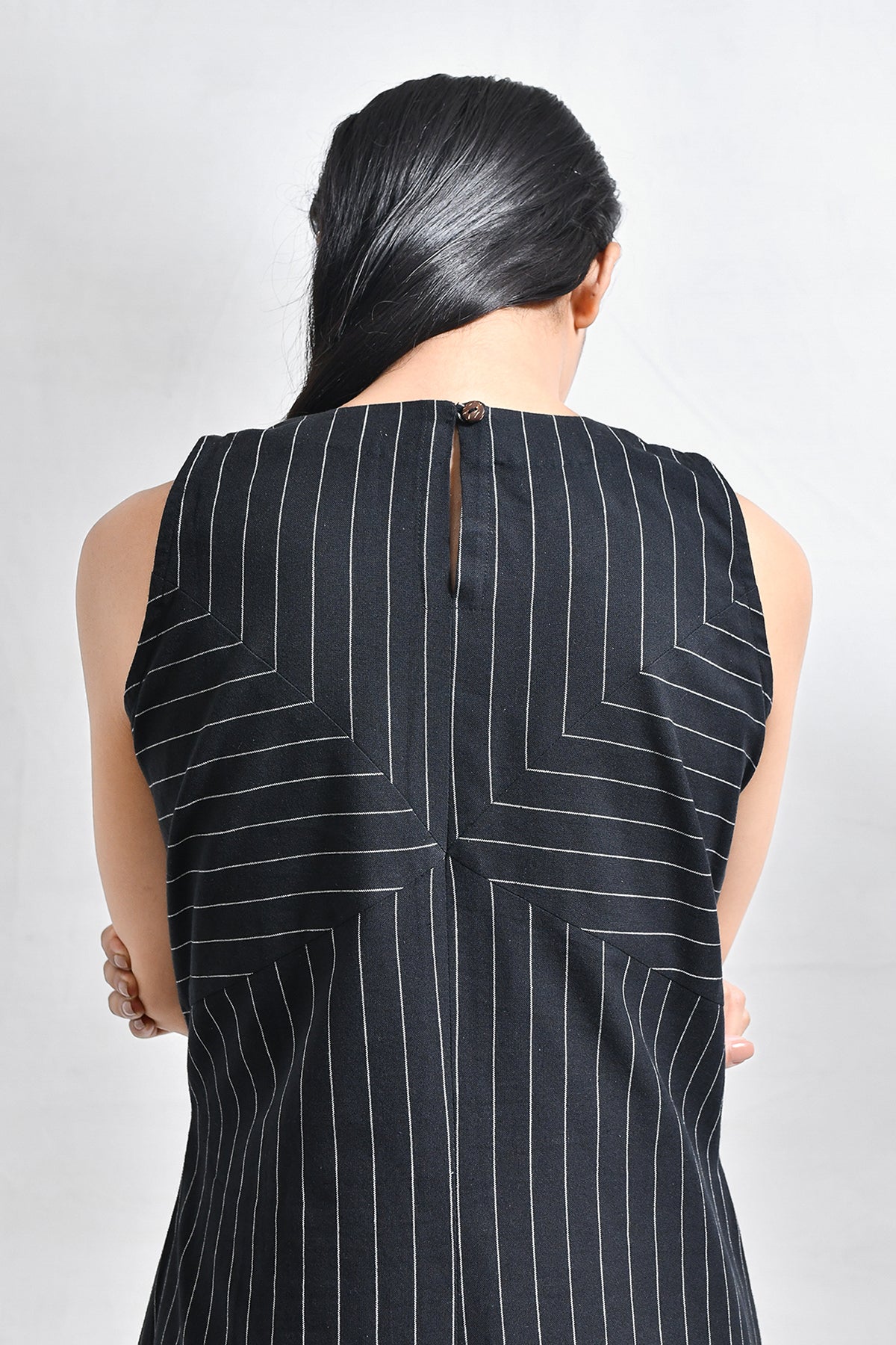 Cotton Striped Sleeveless A - line Dress with Back Patch - Black - CiceroniDressesHiranya