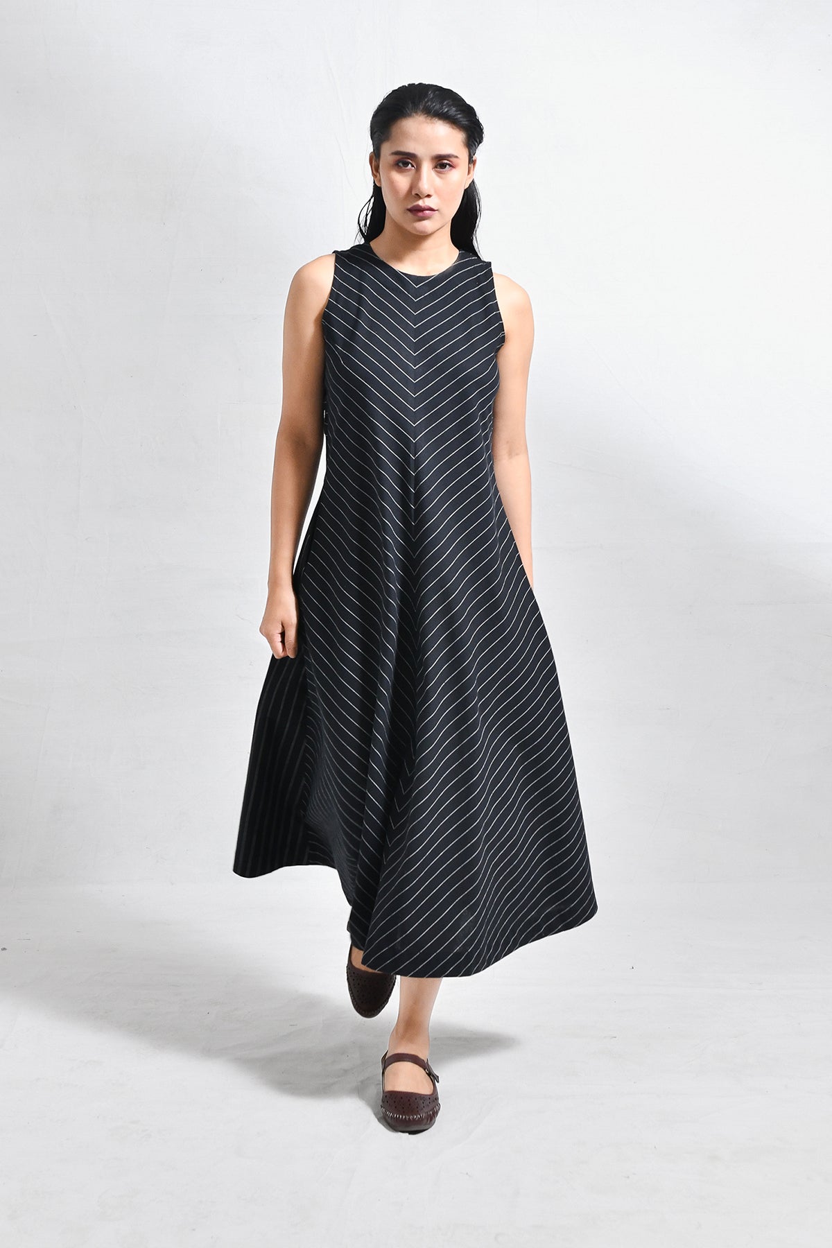 Cotton Striped Sleeveless A - line Dress with Back Patch - Black - CiceroniDressesHiranya