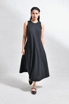 Cotton Striped Sleeveless A - line Dress with Back Patch - Black - CiceroniDressesHiranya
