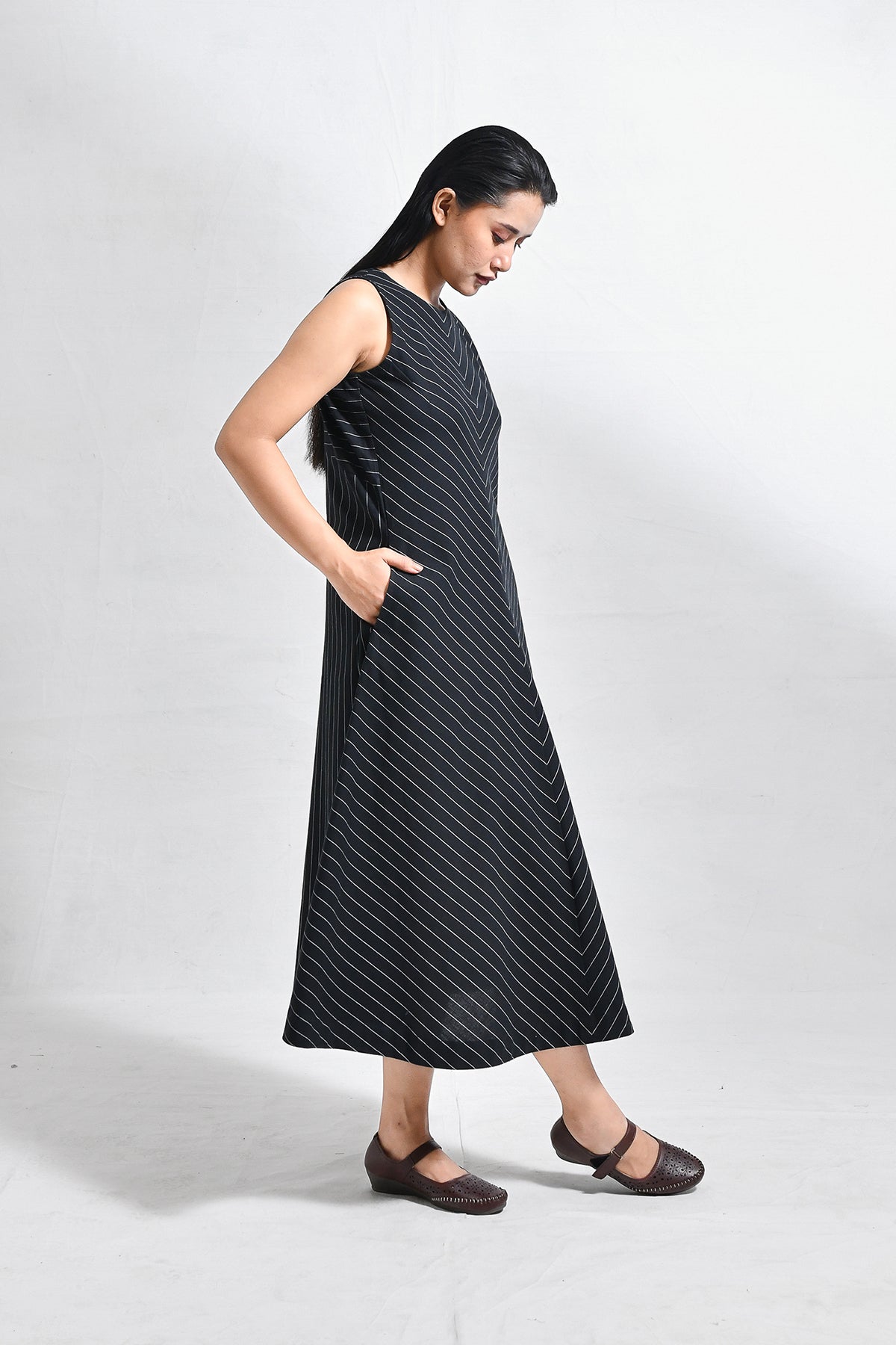 Cotton Striped Sleeveless A - line Dress with Back Patch - Black - CiceroniDressesHiranya