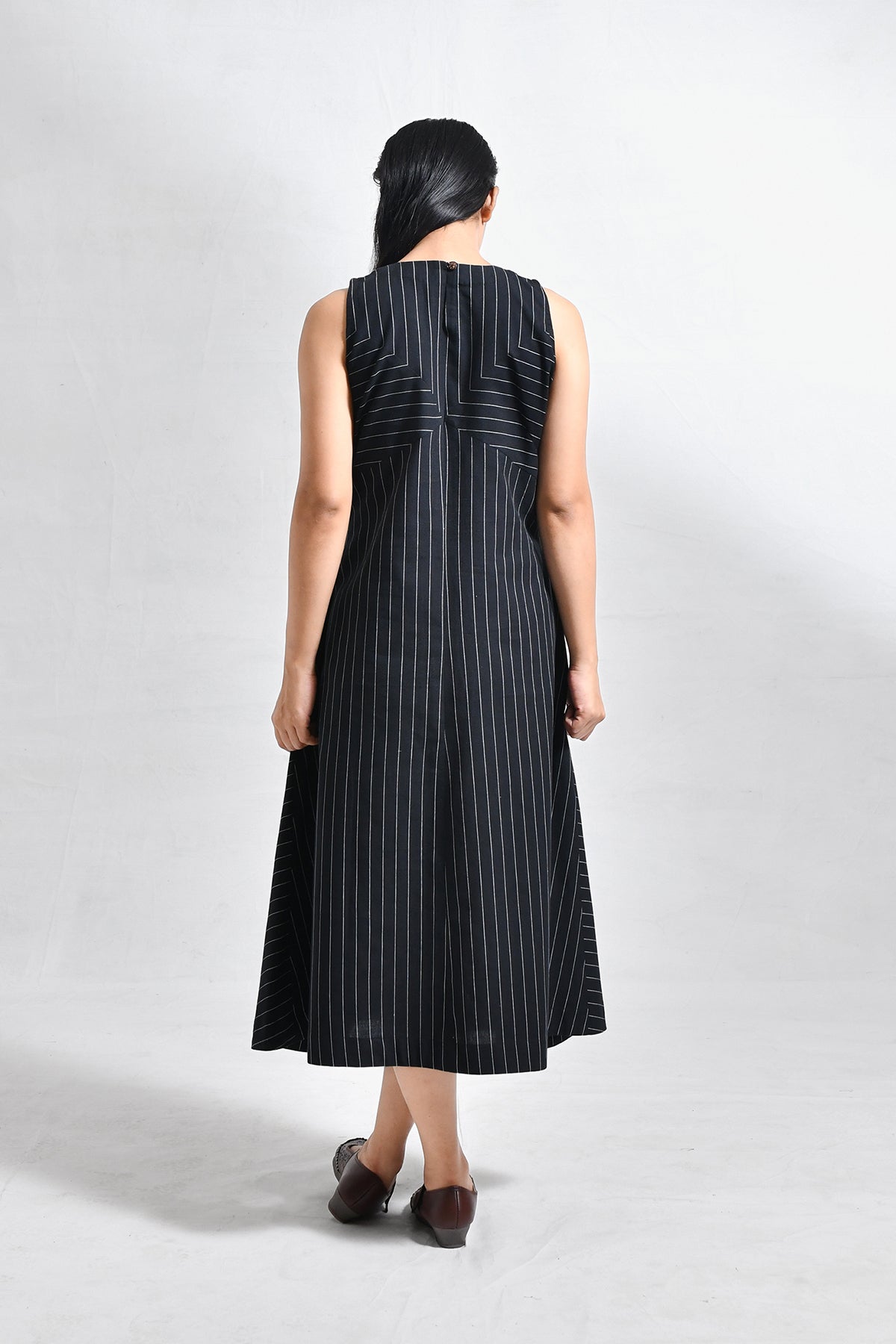 Cotton Striped Sleeveless A - line Dress with Back Patch - Black - CiceroniDressesHiranya