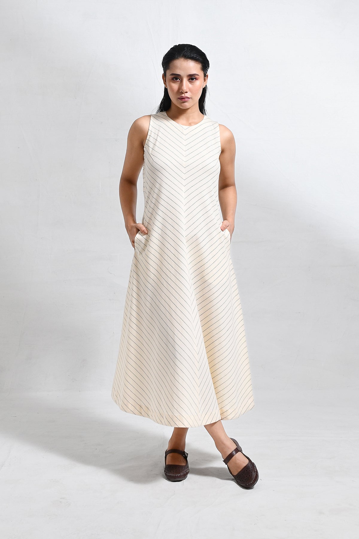Cotton Striped Sleeveless A - line Dress with Back Patch - CiceroniDressesHiranya