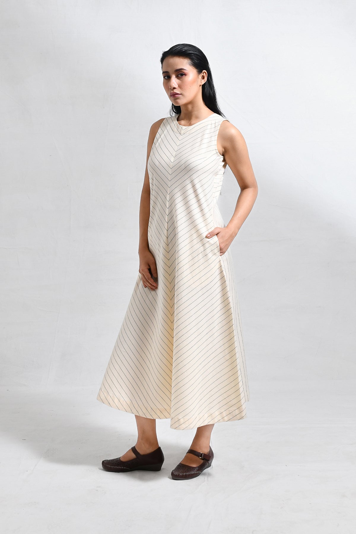 Cotton Striped Sleeveless A - line Dress with Back Patch - CiceroniDressesHiranya