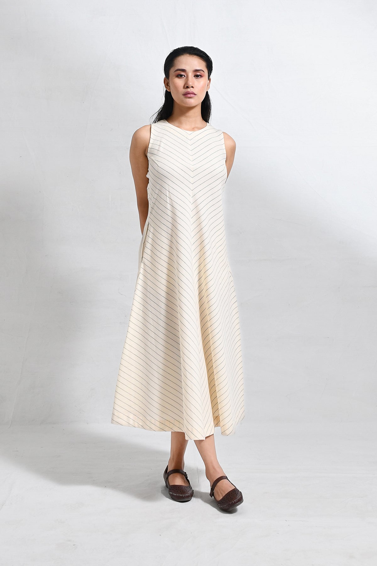 Cotton Striped Sleeveless A - line Dress with Back Patch - CiceroniDressesHiranya