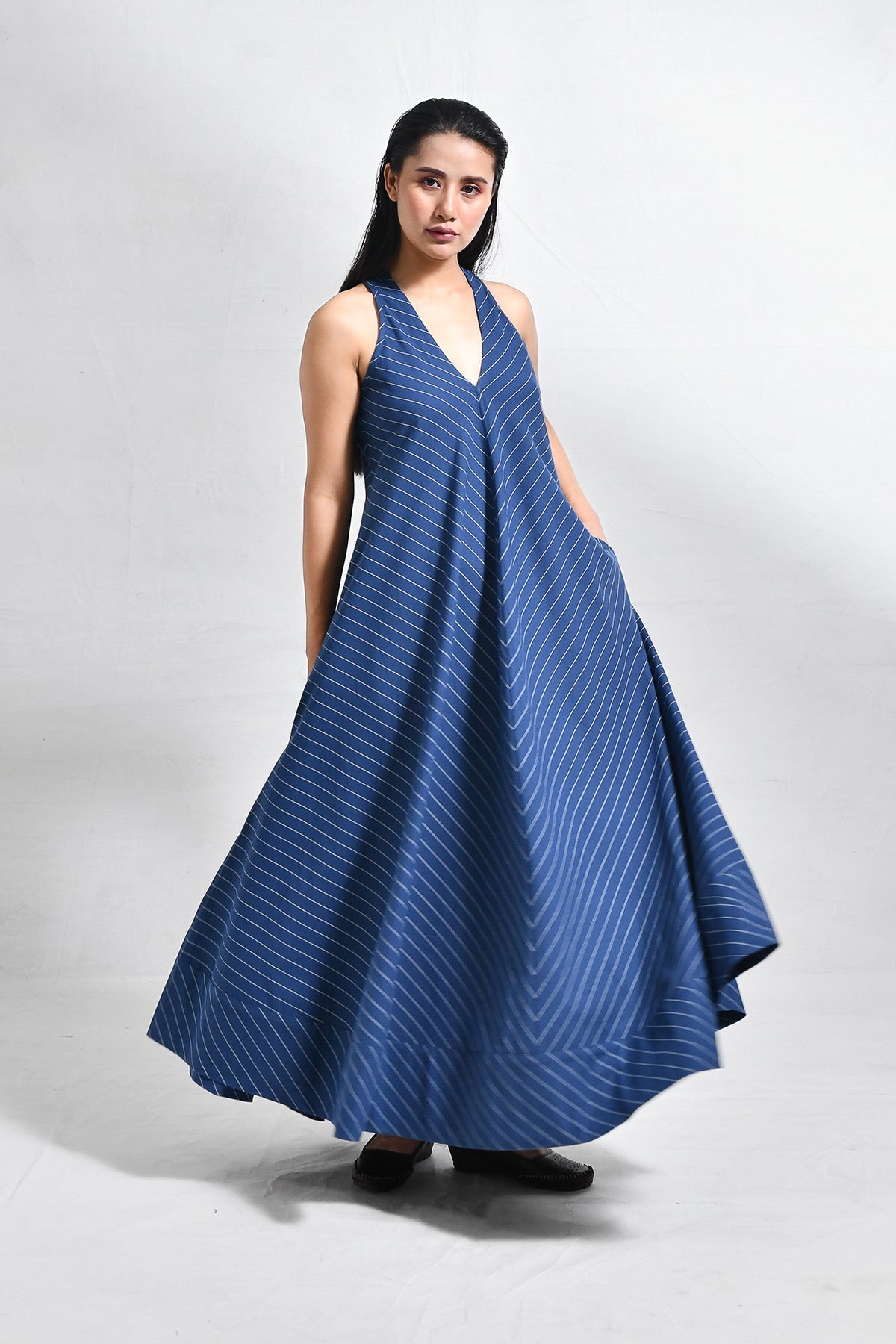 Cotton Stripes Back - Twist Dress - Navy Blue - CiceroniDressesHiranya