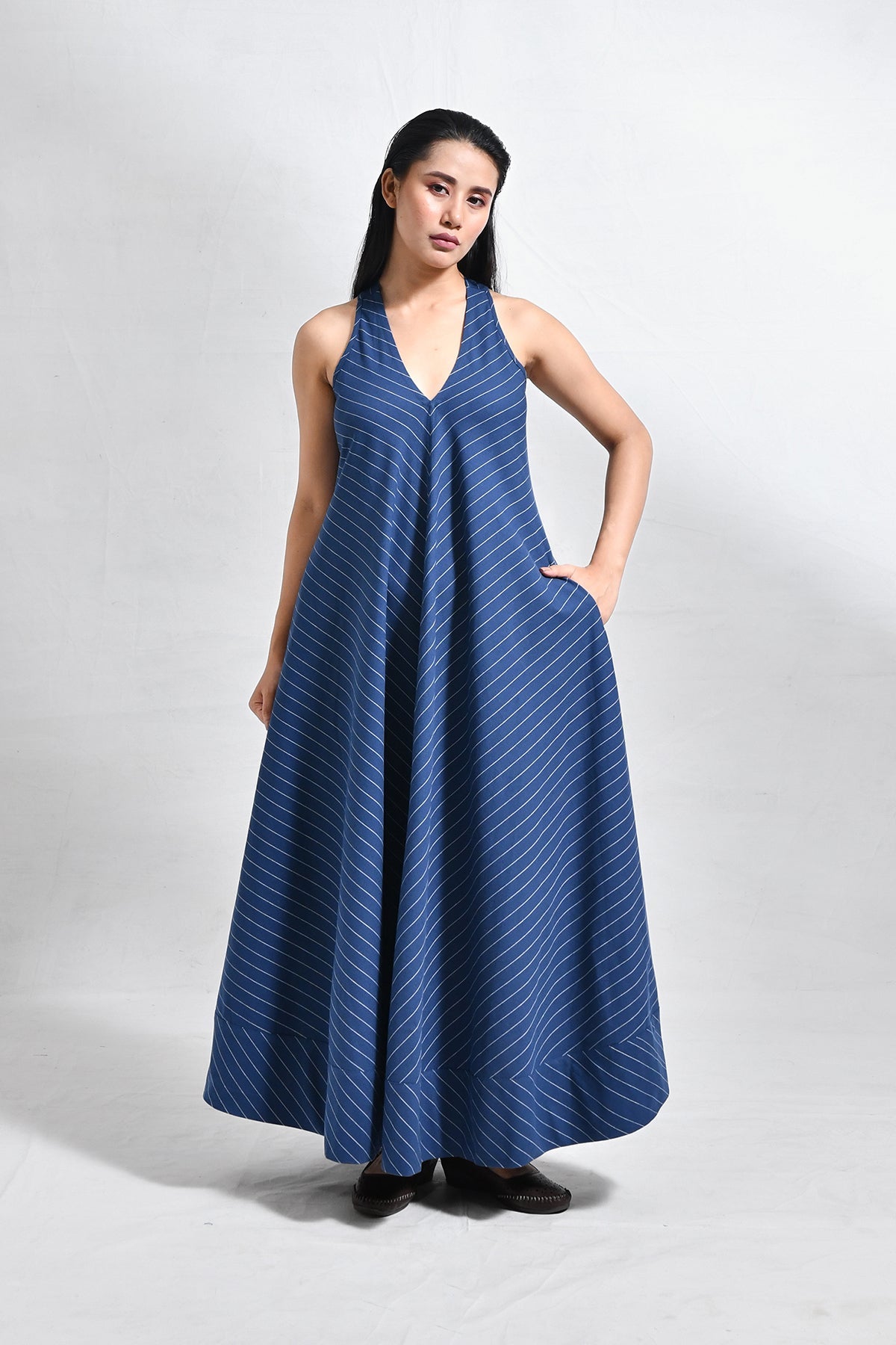 Cotton Stripes Back - Twist Dress - Navy Blue - CiceroniDressesHiranya