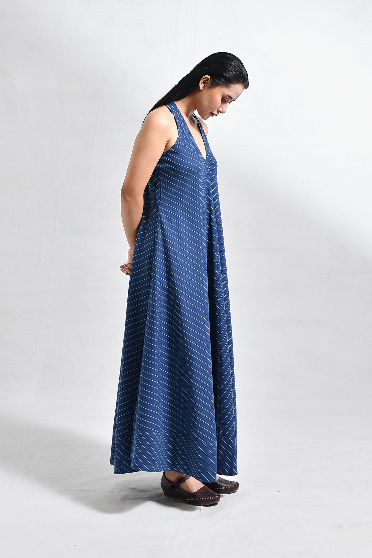 Cotton Stripes Back - Twist Dress - Navy Blue - CiceroniDressesHiranya