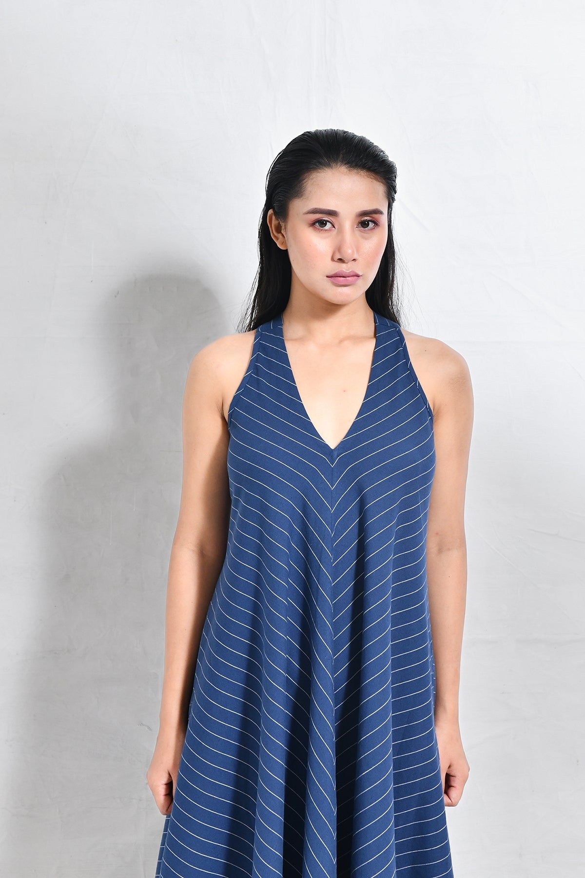 Cotton Stripes Back - Twist Dress - Navy Blue - CiceroniDressesHiranya