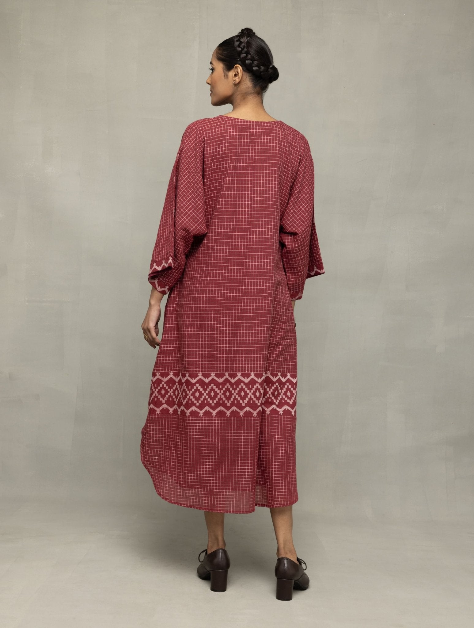 Crimson Checkered Jamdani Kaftan Dress - CiceroniDressesSutra Art of Clothing