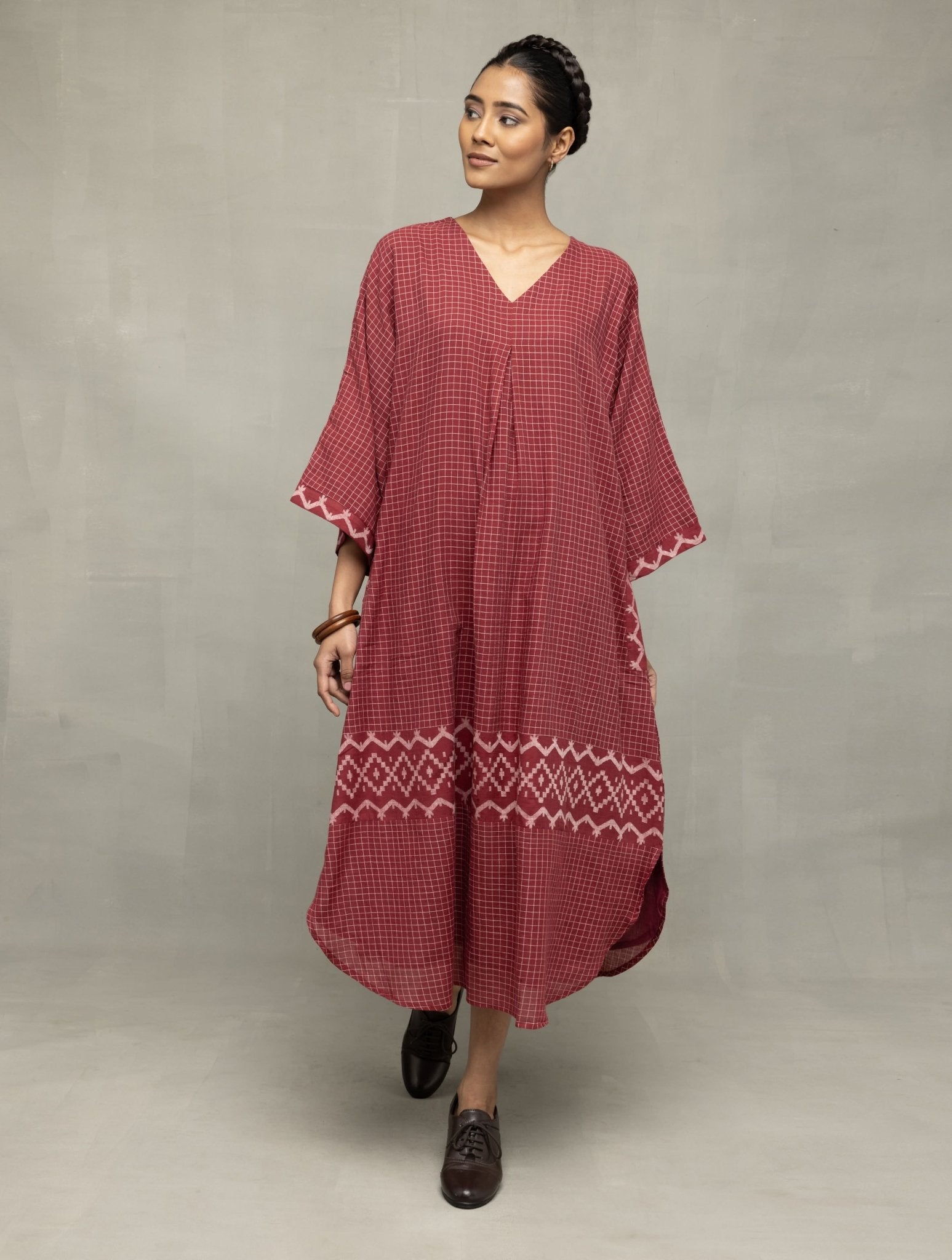 Crimson Checkered Jamdani Kaftan Dress - CiceroniDressesSutra Art of Clothing