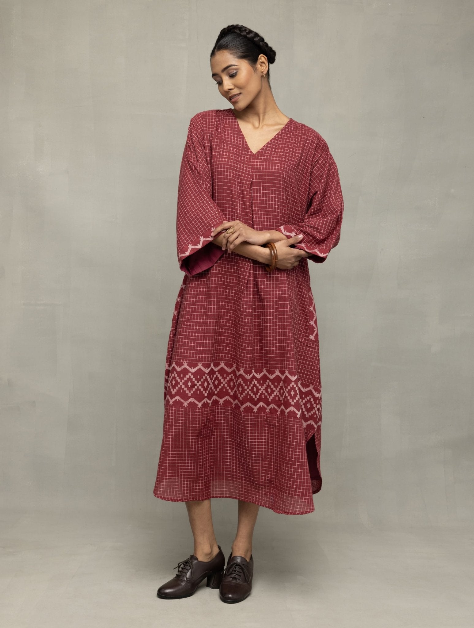 Crimson Checkered Jamdani Kaftan Dress - CiceroniDressesSutra Art of Clothing