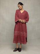 Crimson Checkered Jamdani Kaftan Dress - CiceroniDressesSutra Art of Clothing