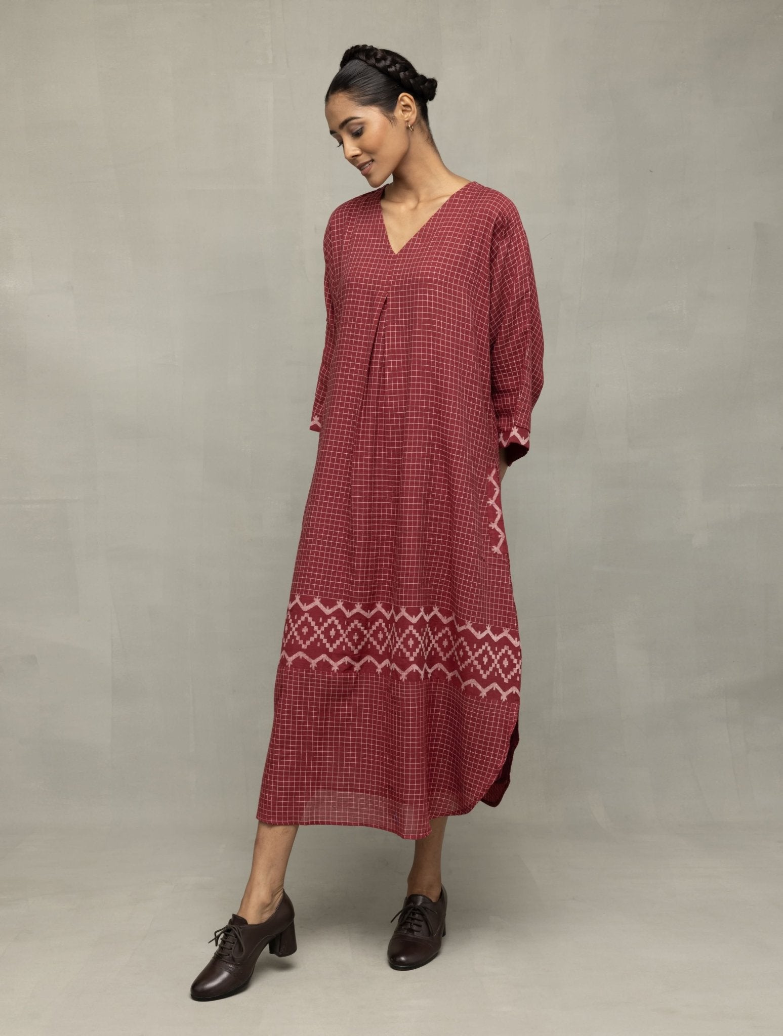 Crimson Checkered Jamdani Kaftan Dress - CiceroniDressesSutra Art of Clothing