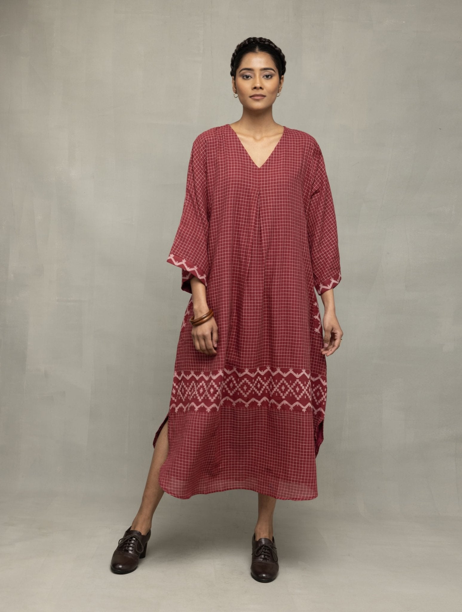Crimson Checkered Jamdani Kaftan Dress - CiceroniDressesSutra Art of Clothing
