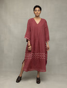 Crimson Checkered Jamdani Kaftan Dress - CiceroniDressesSutra Art of Clothing