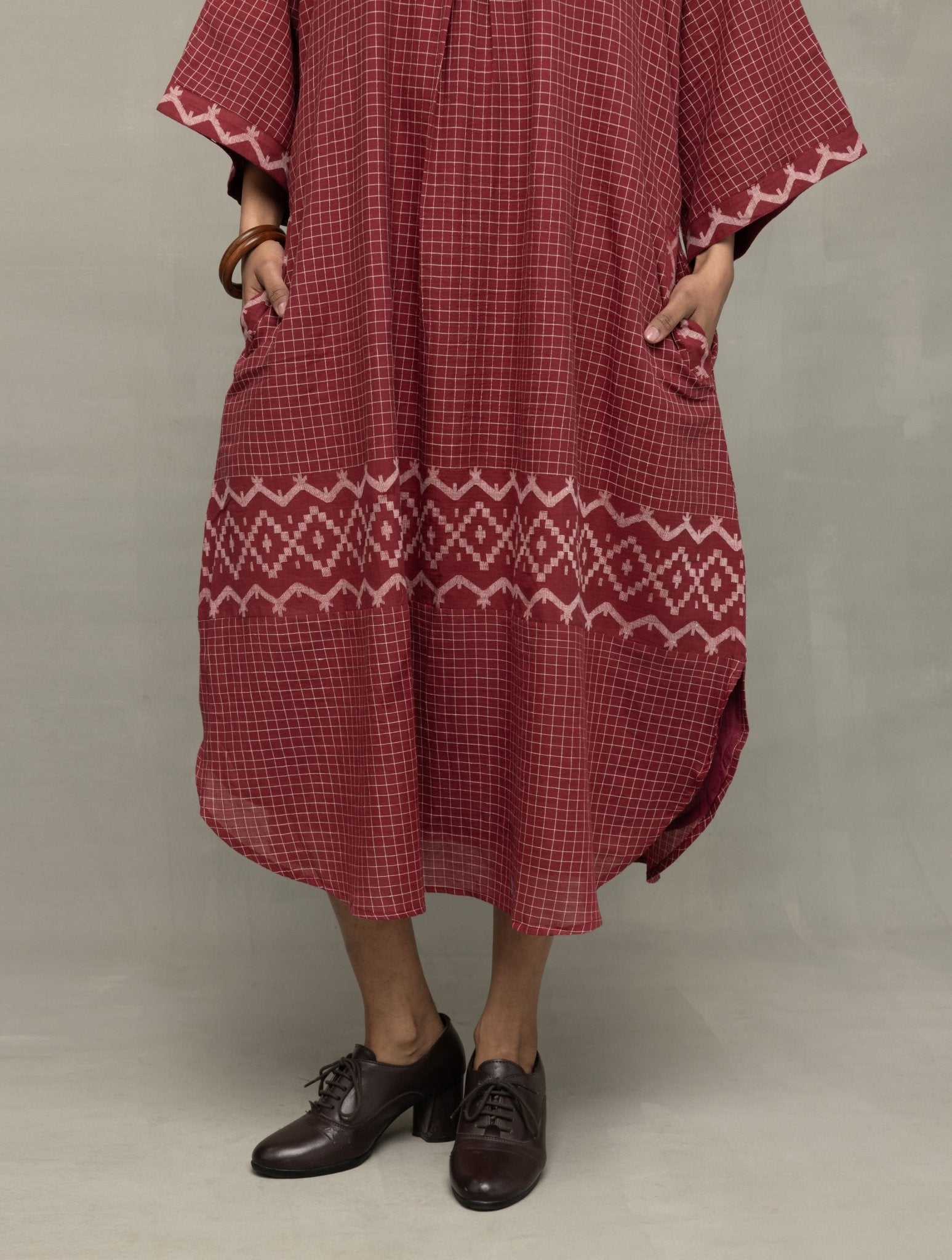Crimson Checkered Jamdani Kaftan Dress - CiceroniDressesSutra Art of Clothing