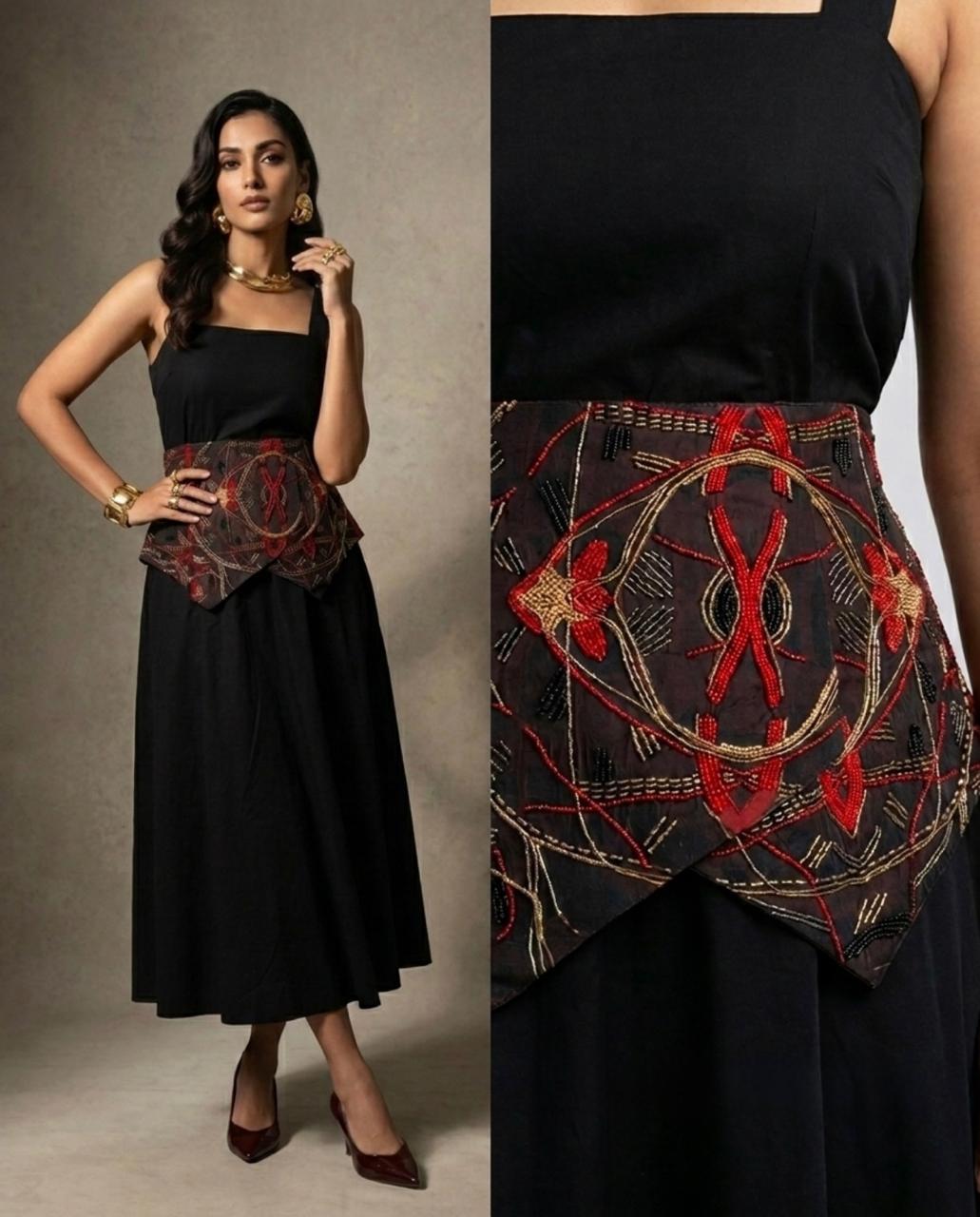 Crimson Echo Corset Belt with Dress - CiceroniDressArtbeats by Keerthana