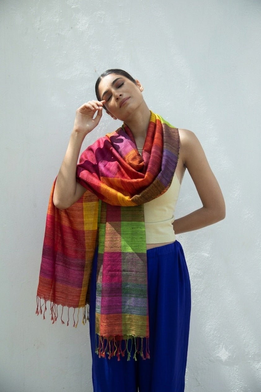 Crimson Red Madras Checks Peace Silk Scarf for Women - CiceroniScarfAeshaane