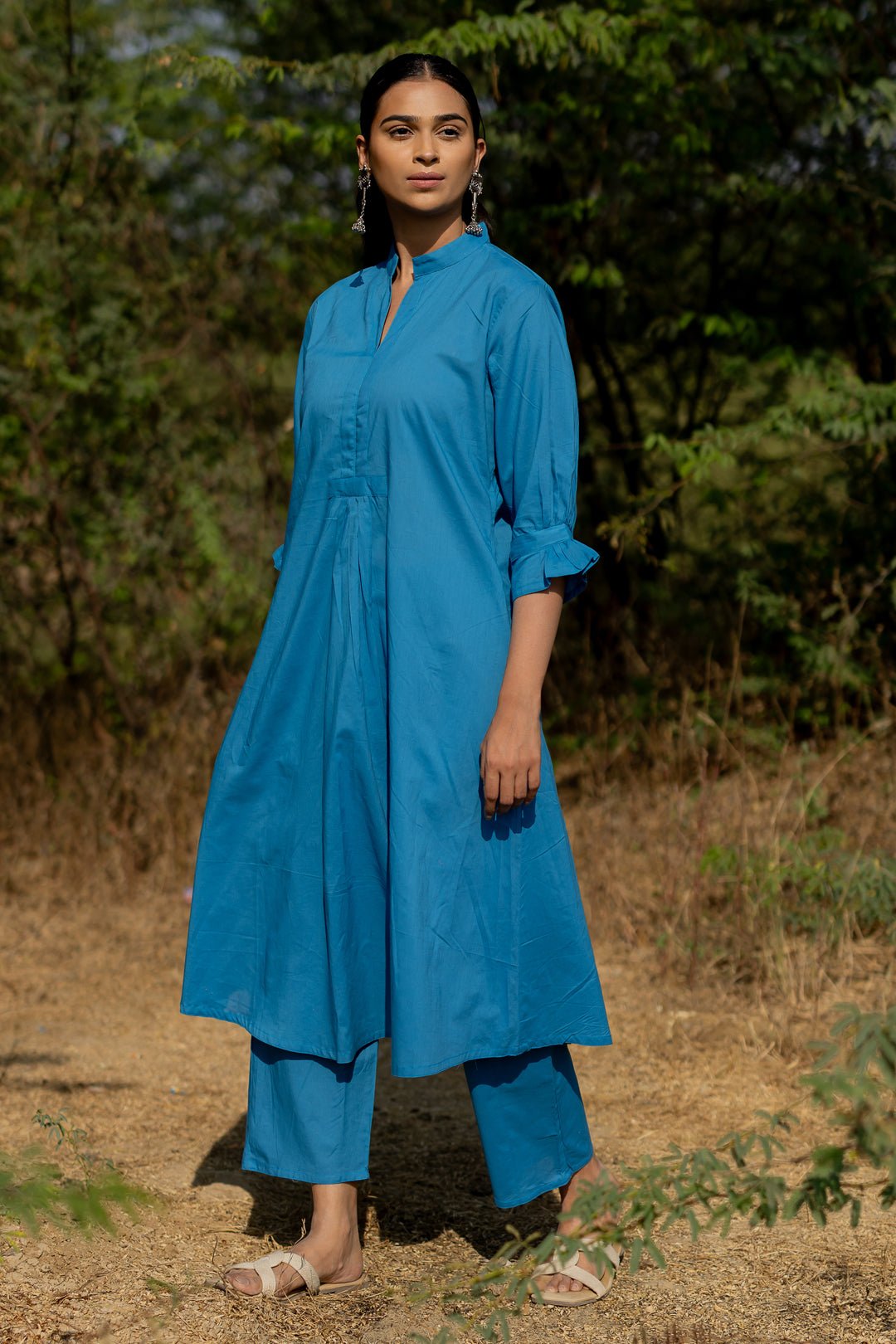 Cyan Blue Kurta Set with Pink Jaamdani Dupatta - CiceroniKurta Set, Everyday WearMaidaan