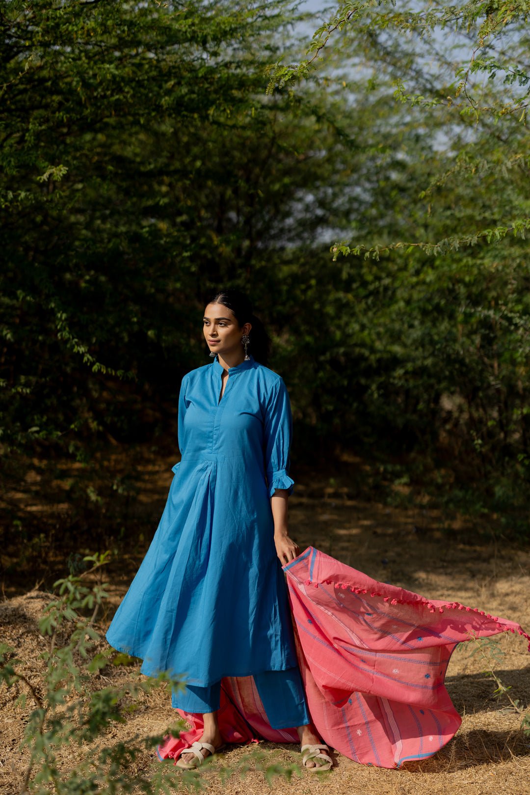 Cyan Blue Kurta Set with Pink Jaamdani Dupatta - CiceroniKurta Set, Everyday WearMaidaan