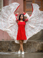 Debi - Jamdani Three Tier Flare Dress with Red Shift Dress - CiceroniDressesPrathaa