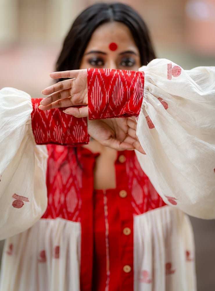 Debi - Jamdani Three Tier Flare Dress with Red Shift Dress - CiceroniDressesPrathaa