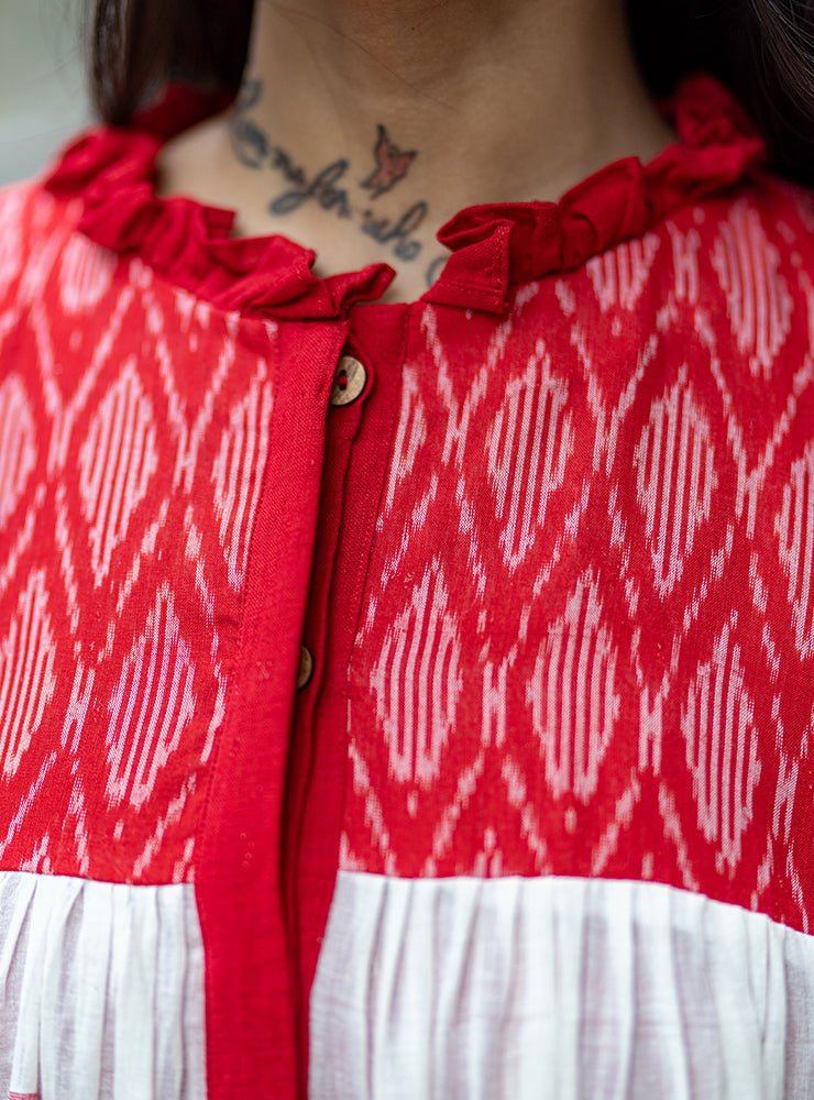 Debi - Jamdani Three Tier Flare Dress with Red Shift Dress - CiceroniDressesPrathaa