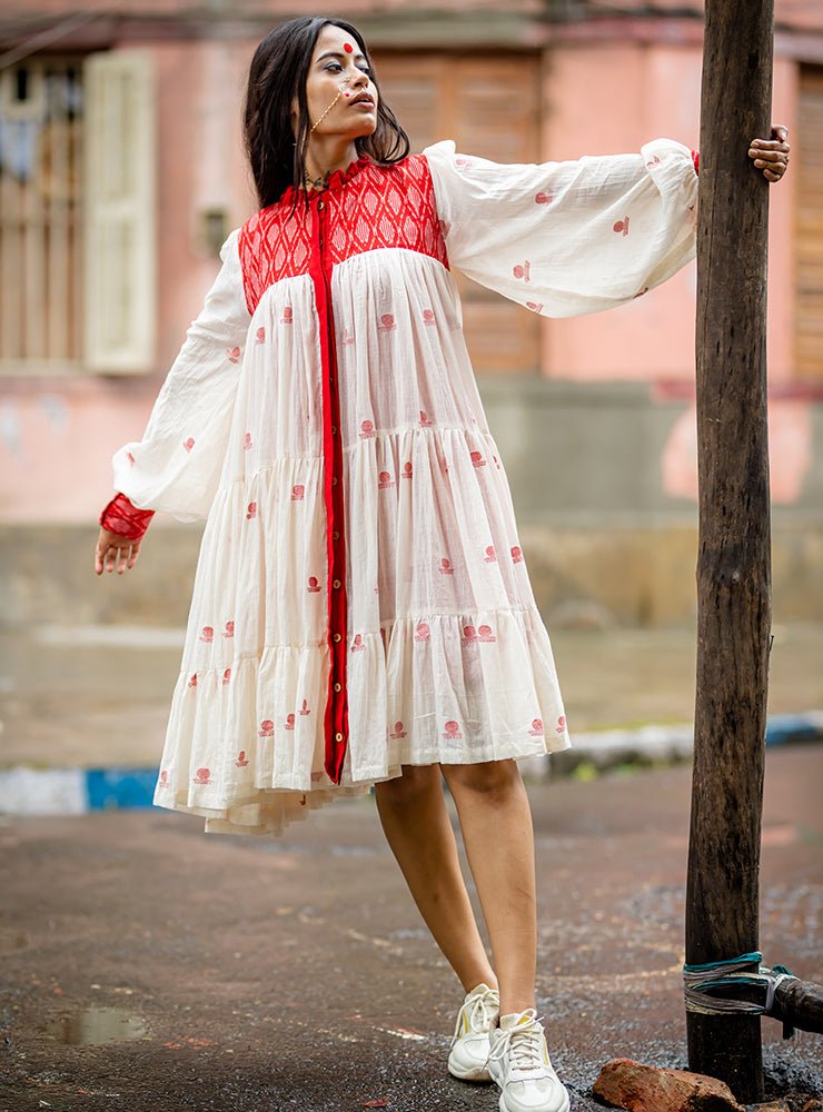 Buy Debi - Jamdani Three Tier Flare Dress with Red Shift Dress Online - Ciceroni Buy Debi - Jamdani Three Tier Flare Dress with Red Shift Dress Online - Ciceroni