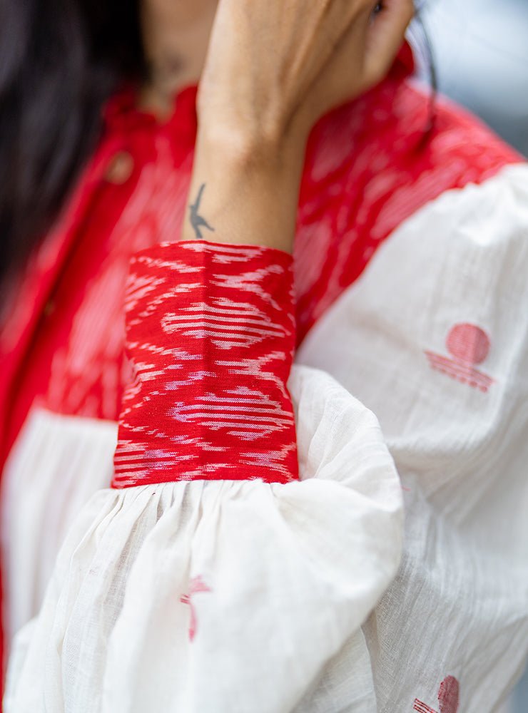 Debi - Jamdani Three Tier Flare Dress with Red Shift Dress - CiceroniDressesPrathaa