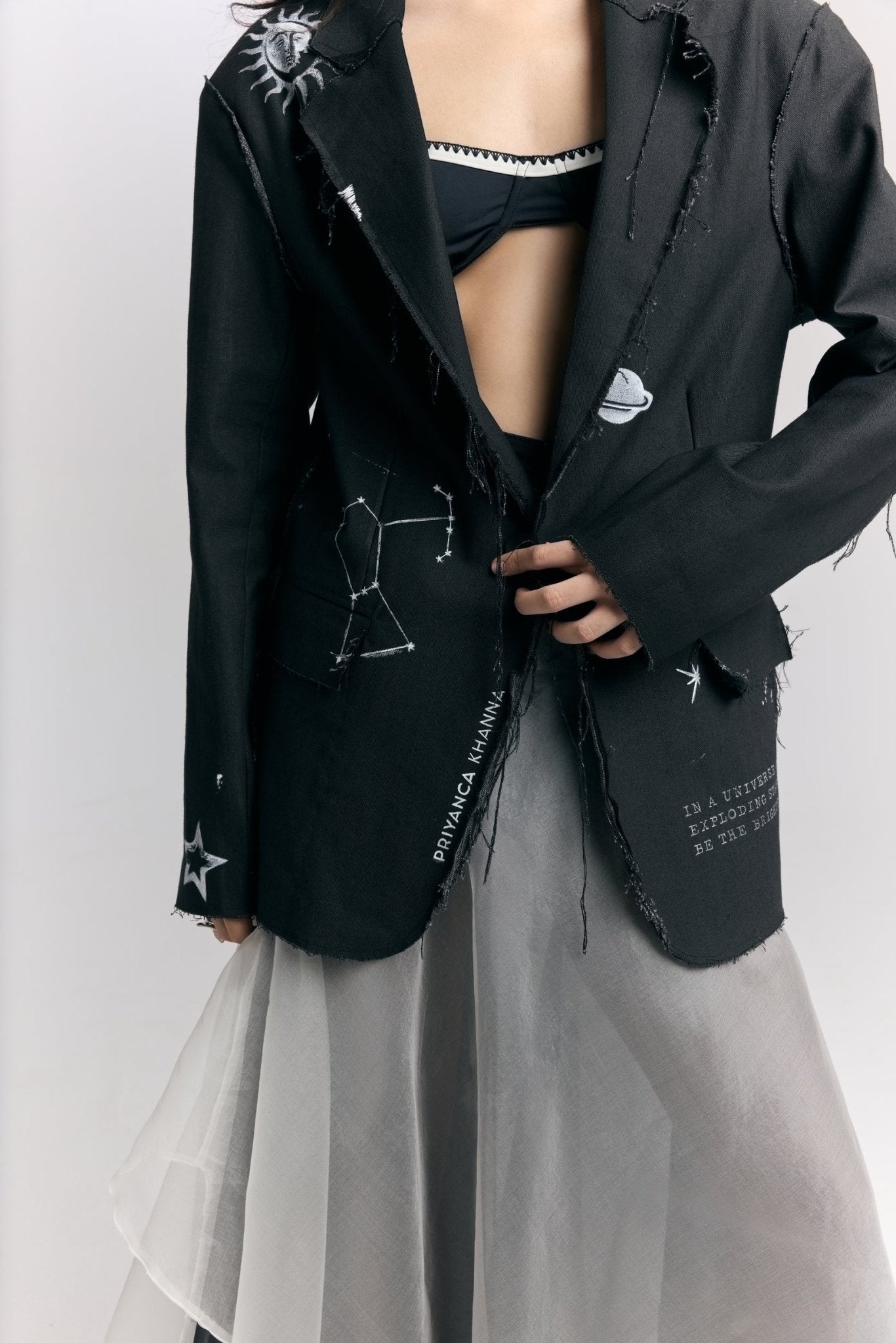 Denim Block Print Blazer - CiceroniBlazerPriyanca Khanna