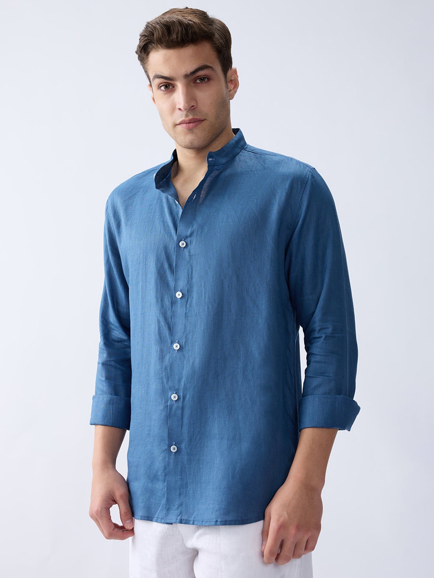 Dusty Blue Mandarin 100% Pure Linen Shirt - CiceroniMen Shirtsbhrāta