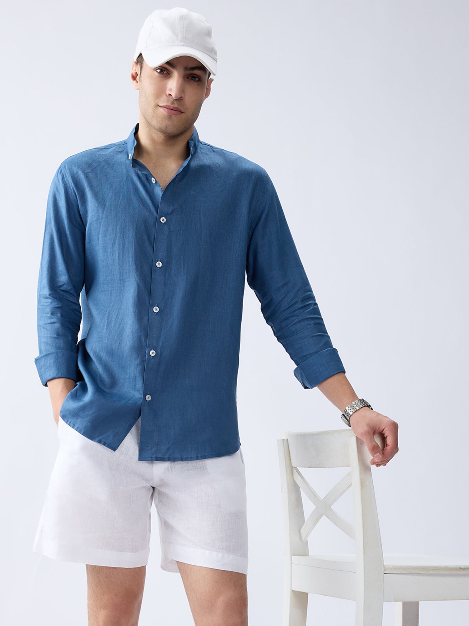 Dusty Blue Mandarin 100% Pure Linen Shirt - CiceroniMen Shirtsbhrāta