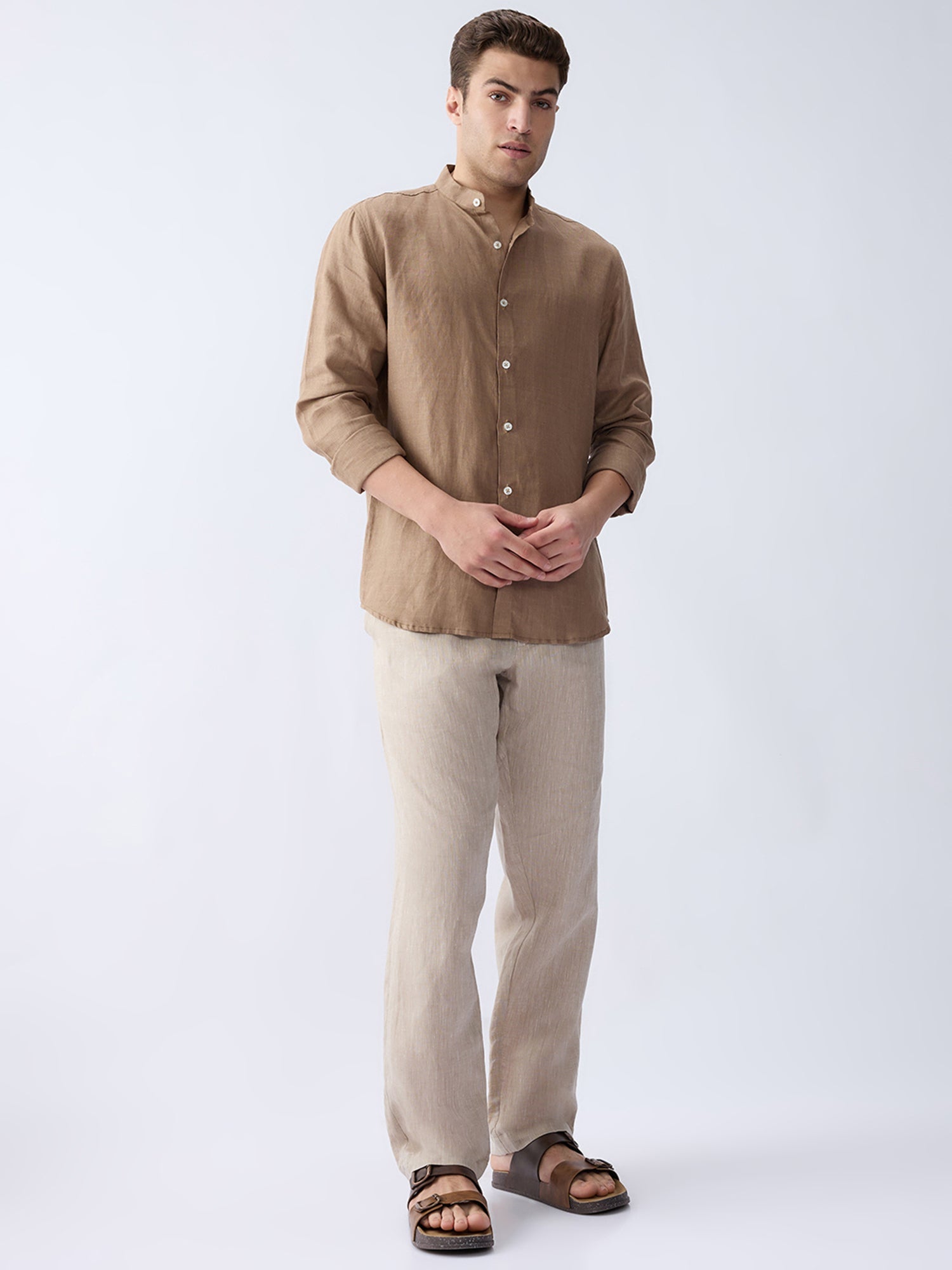 Earth Brown Mandarin 100% Pure Linen Shirt - CiceroniMen Shirtsbhrāta