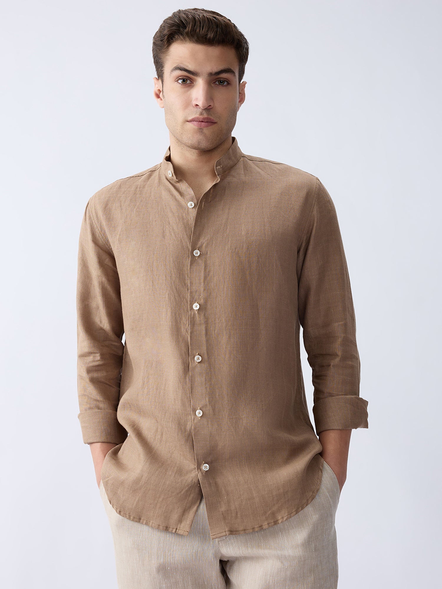 Earth Brown Mandarin 100% Pure Linen Shirt - CiceroniMen Shirtsbhrāta