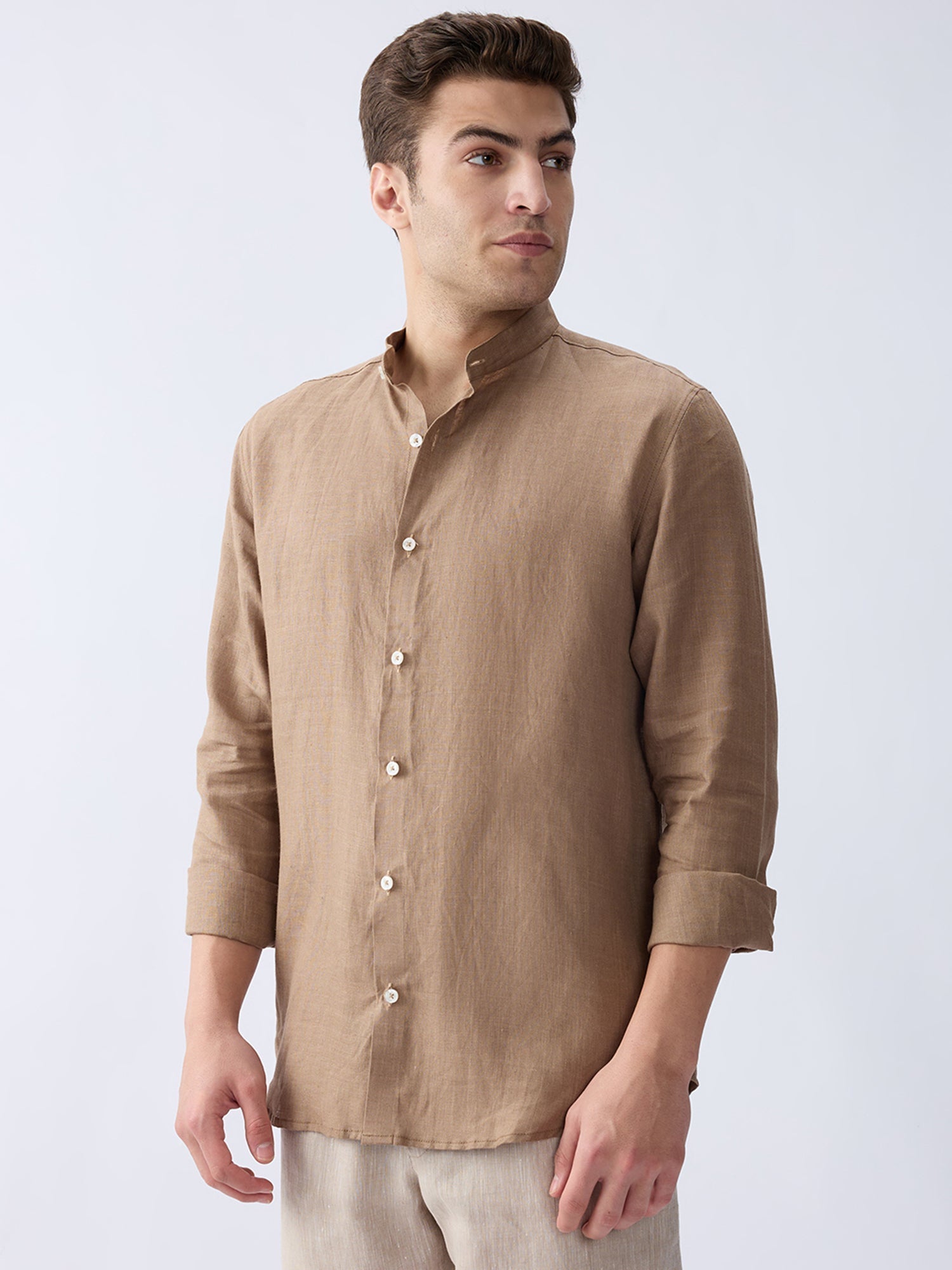 Earth Brown Mandarin 100% Pure Linen Shirt - CiceroniMen Shirtsbhrāta