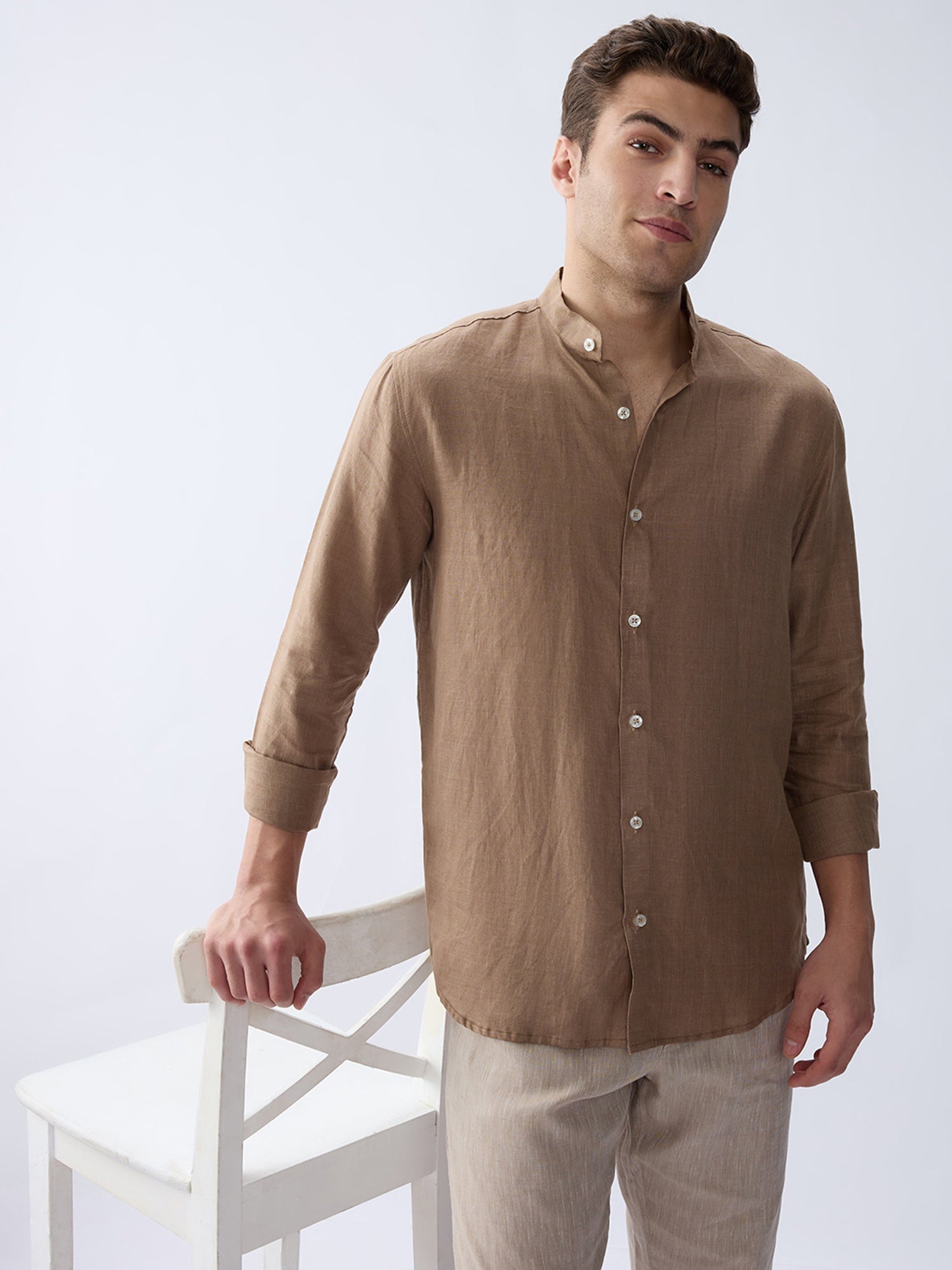 Earth Brown Mandarin 100% Pure Linen Shirt - CiceroniMen Shirtsbhrāta