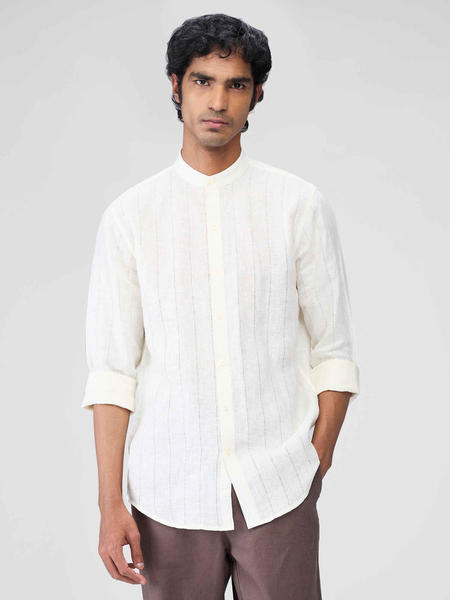 Ecru 100% Linen Stripes Shirt - CiceroniMen Shirtsbhrāta