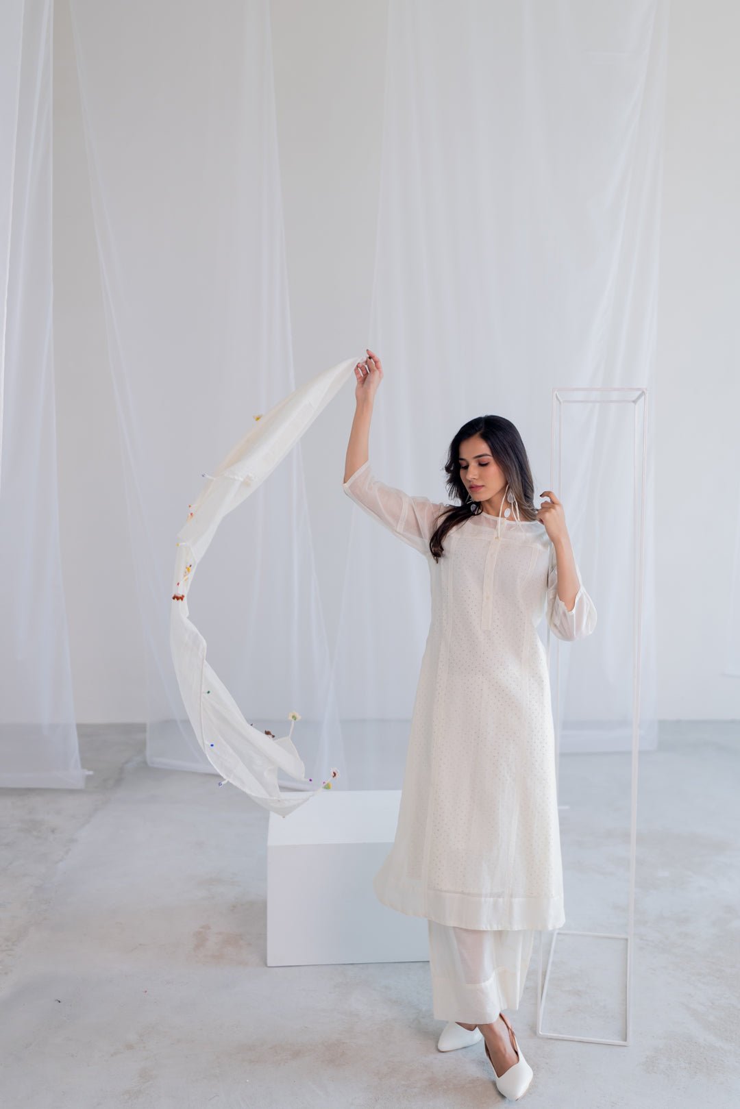 Ecru Chanderi Polka Kurta and Pants Set - CiceroniKurta Set, Everyday WearSilai Studio