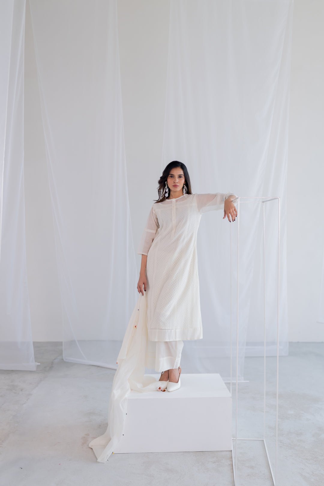 Ecru Chanderi Polka Kurta and Pants Set - CiceroniKurta Set, Everyday WearSilai Studio