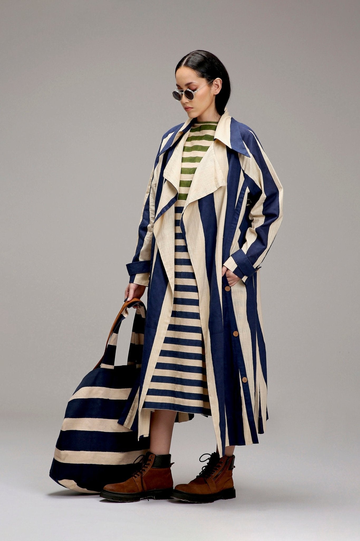 Egg-Shell Big Striped Trench Jacket - CiceroniJacketsMATI