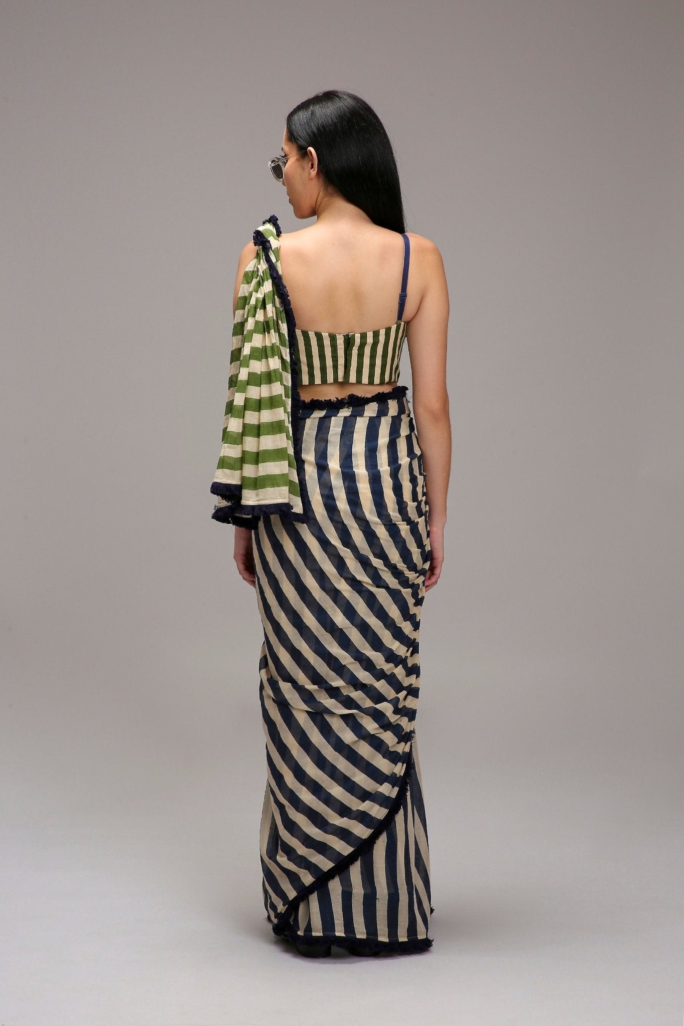 Egg-Shell Blue Green Dual Striped Saree - CiceroniSareeMATI