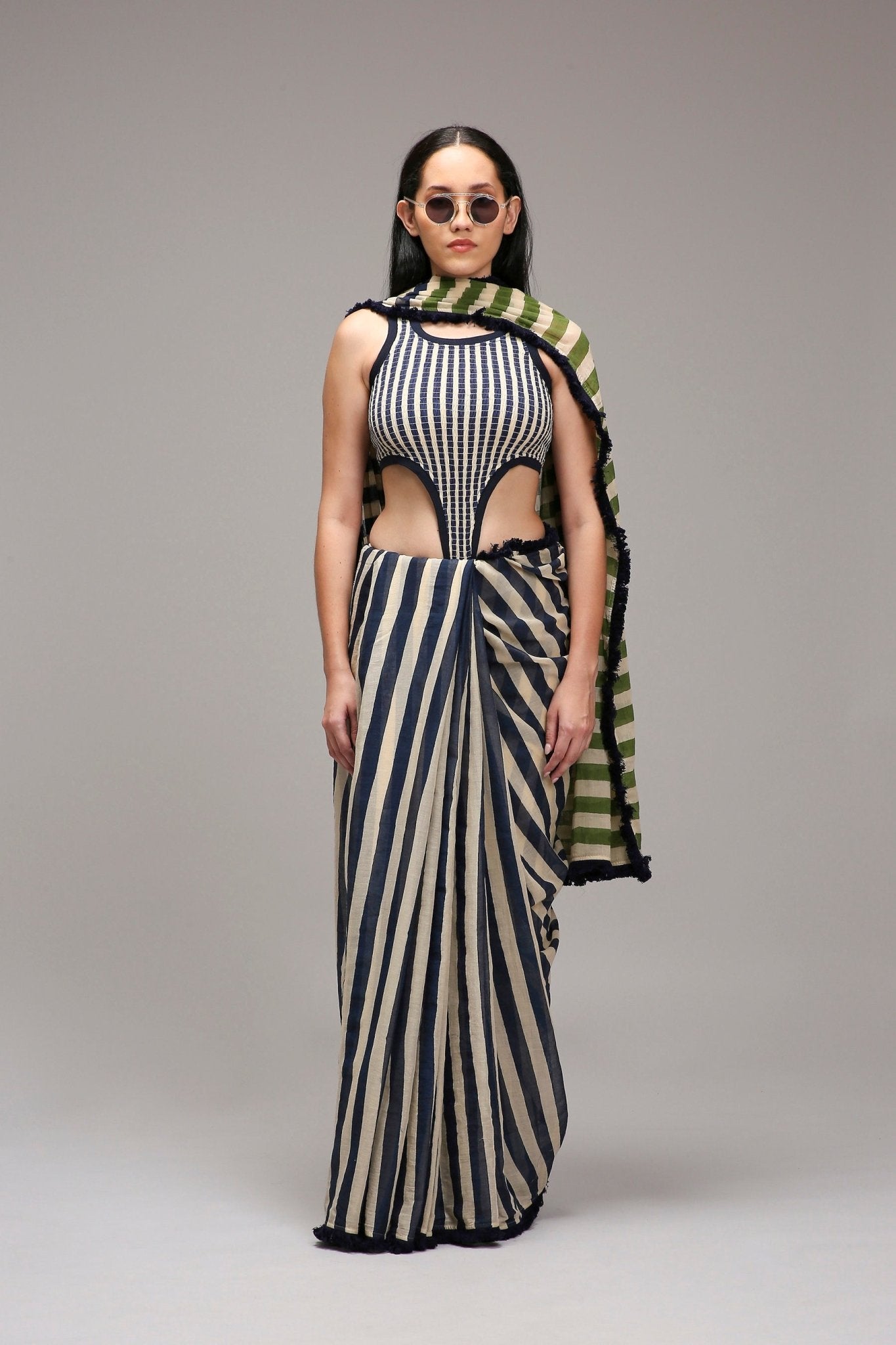 Egg-Shell Blue Green Dual Striped Saree - CiceroniSareeMATI