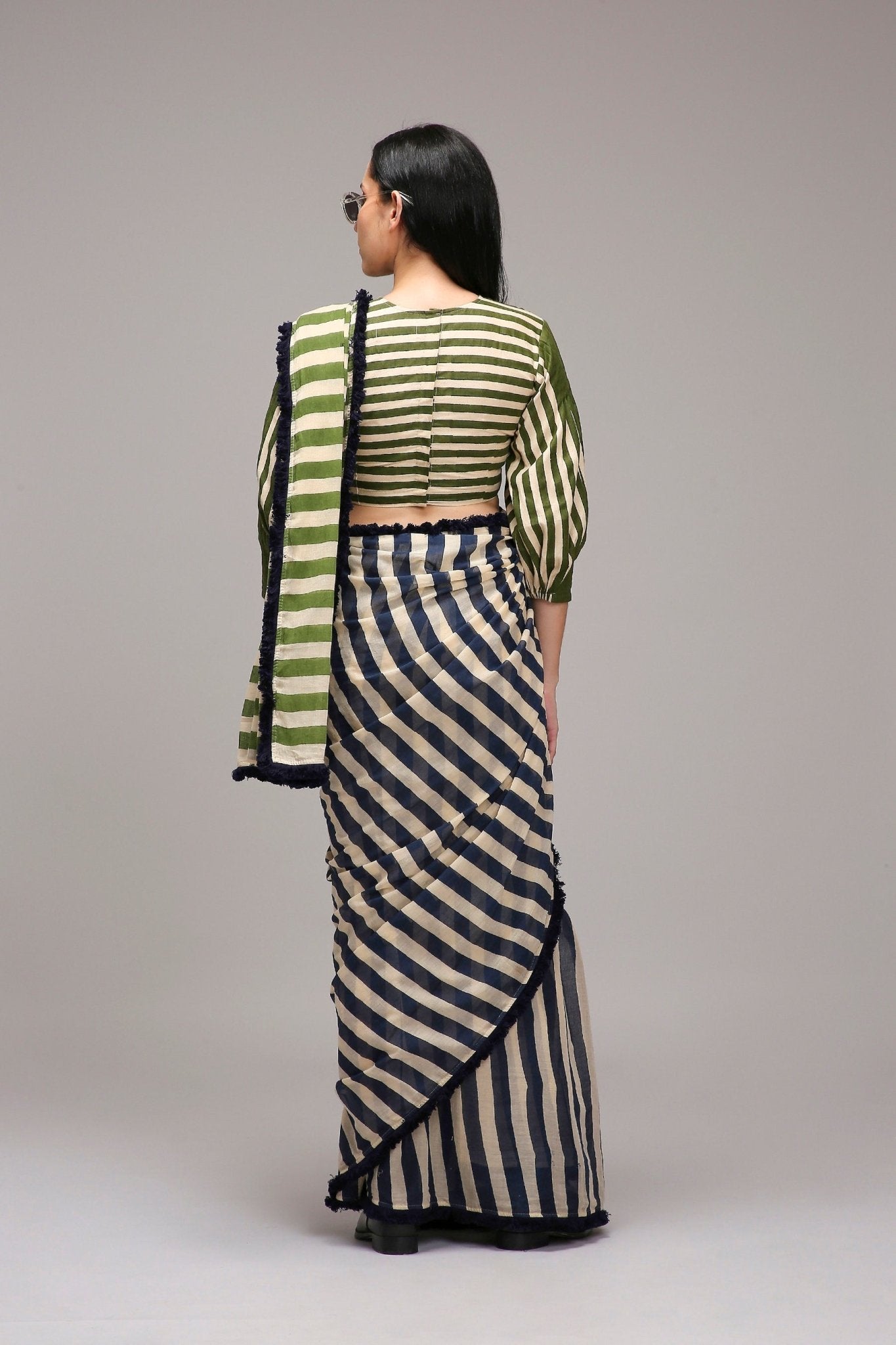 Egg-Shell Blue Green Dual Striped Saree - CiceroniSareeMATI