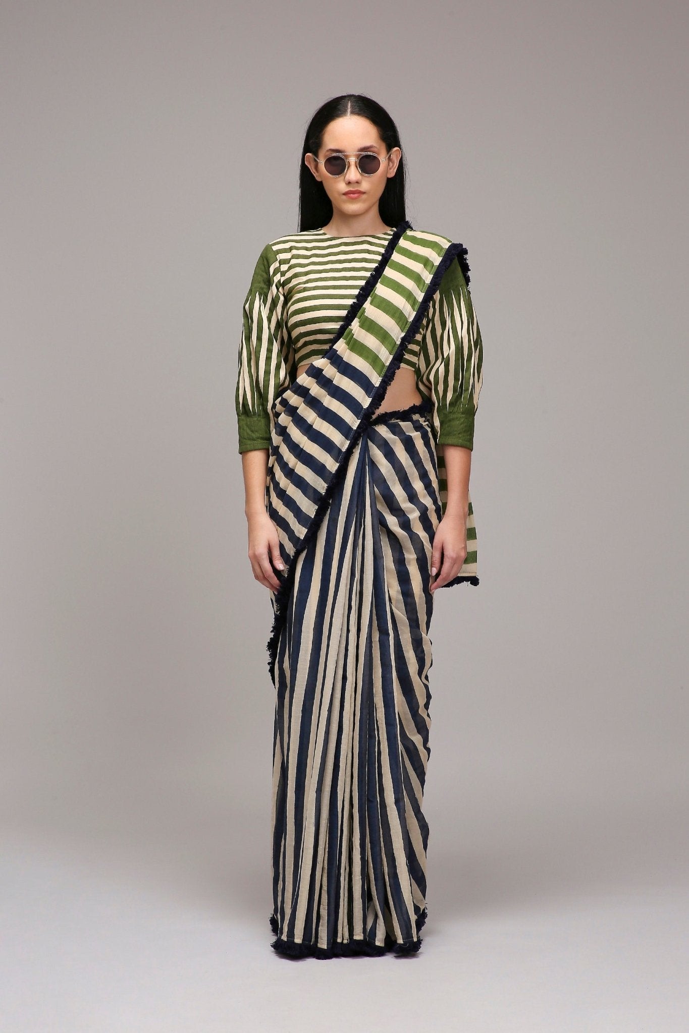 Egg-Shell Blue Green Dual Striped Saree - CiceroniSareeMATI