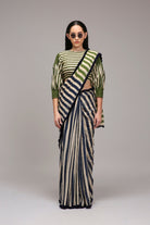 Egg-Shell Blue Green Dual Striped Saree - CiceroniSareeMATI